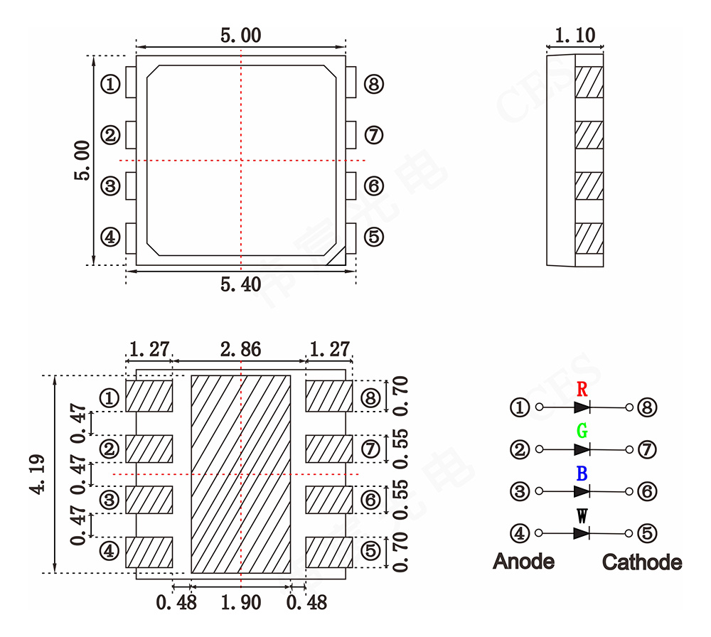 5054RGBW-缺口为负为蓝光-中间独立散热片--规格书焊盘图-2022